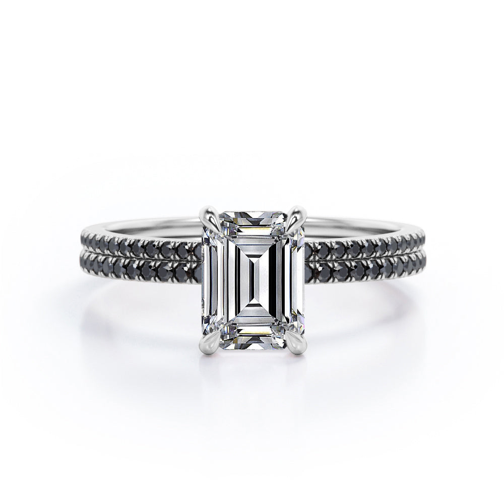 4-Prong Setting 1.65 TCW Emerald Cut Moissanite with Lab Created Black Diamond Wedding Set with Pave Accents in White Gold