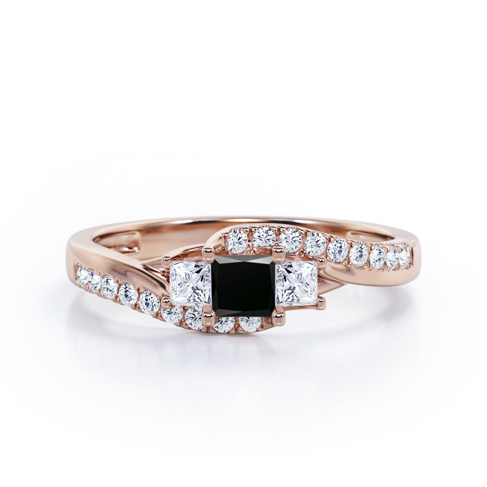 Trellis Three Stones 1 carat Princess Black Diamond Braided Engagement Ring in Rose Gold