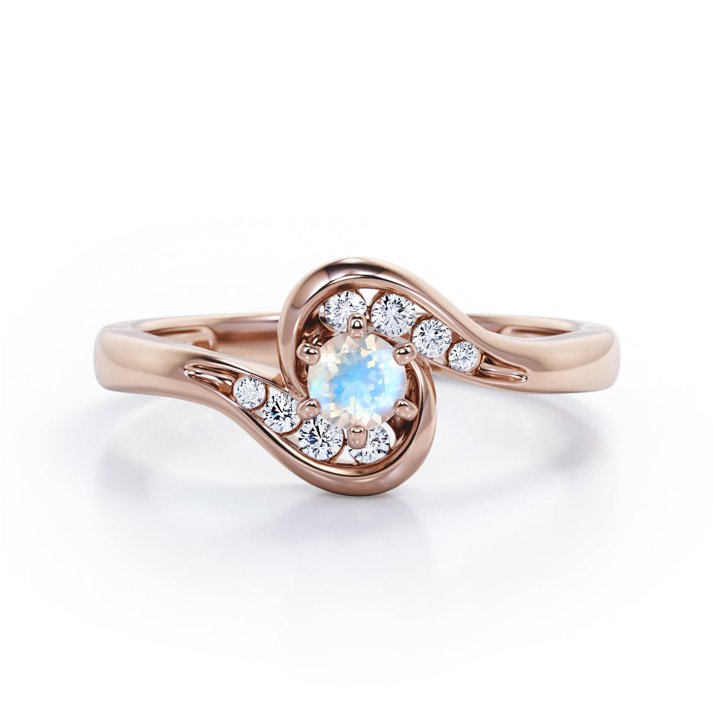 Whirly Gemstone 0.55 carat Round Moonstone and Moissanites Artistic Engagement Ring in White Gold