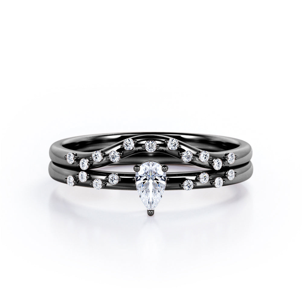 2-Prong Flush - 0.4 TCW Teardrop Cut Diamond - Curved Minimalist Wedding Ring Set in White Gold