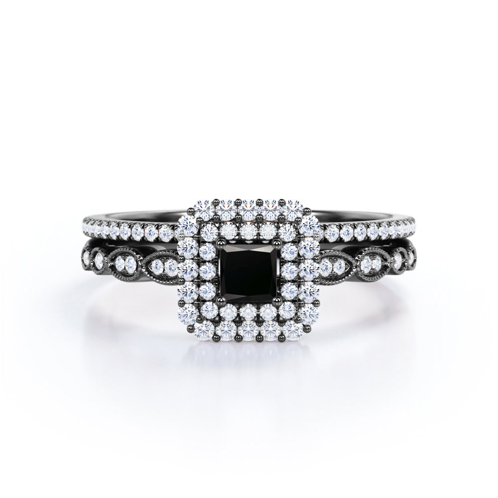 1.8 Carat Princess Cut Lab Grown Black Diamond Double Halo Wedding Ring Set In White Gold