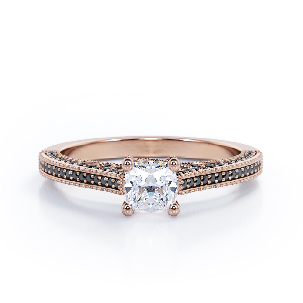 Three Sided Pave - 1.35 TCW Princess Cut Moissanite with Lab Created Black Diamond - Milgrain Decorated Engagement Ring in Rose Gold