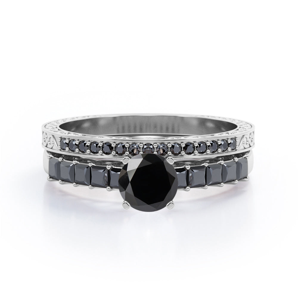 Art Deco Milgrain-Bezel 1.55 TCW Round Shaped Lab Created Black Diamond Shared-Prong Wedding Ring Set in White Gold