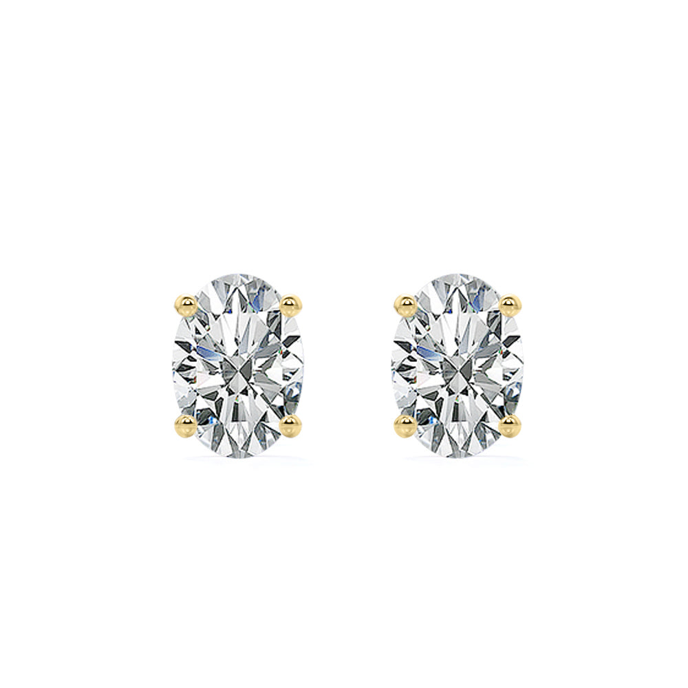 1 Carat Oval Cut Moissanite Solitaire Stud Earrings - 4 Prong - 18K Yellow Gold Plating Over Silver