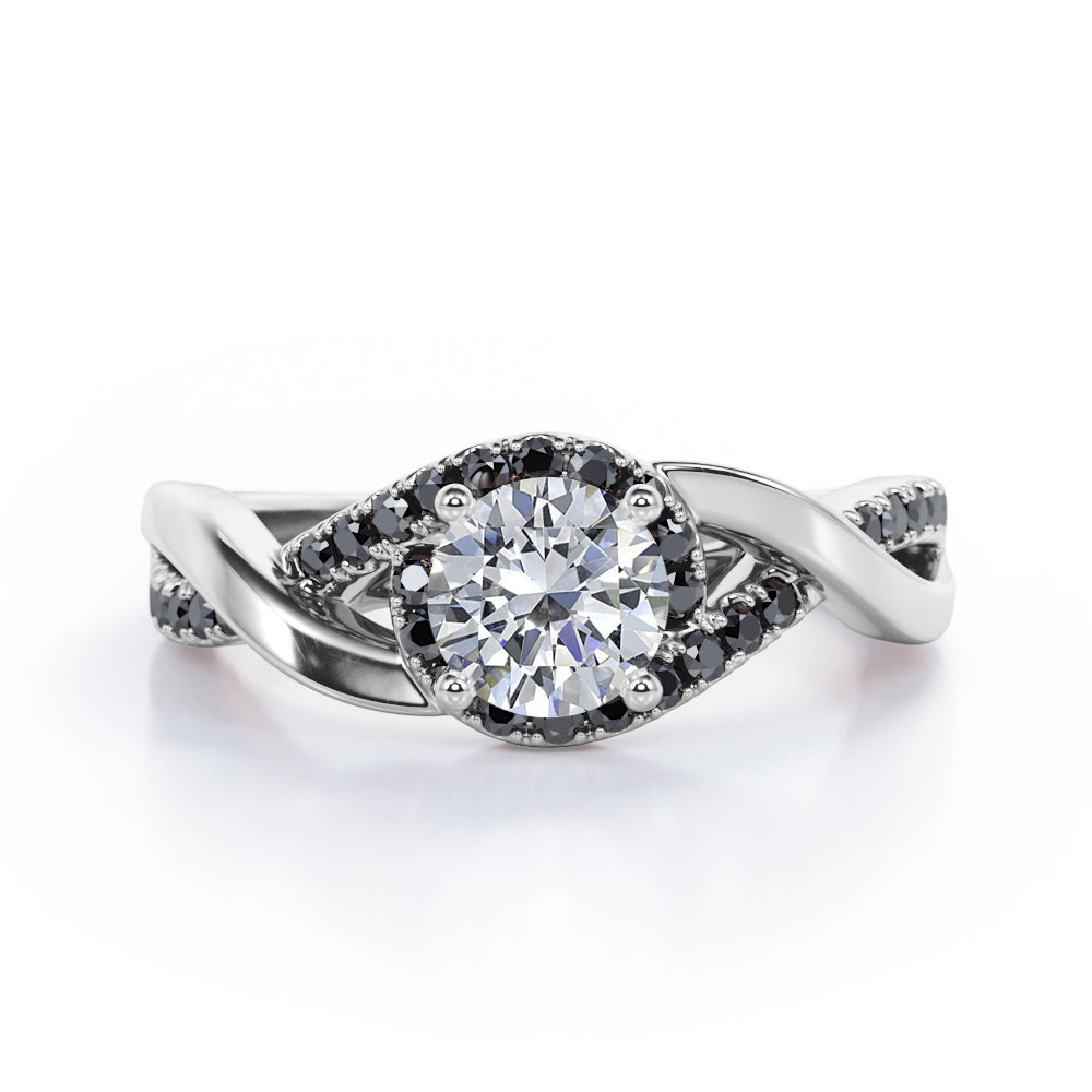 Tensioned Halo Set - 1.25 TCW Round Shaped Moissanite with Lab Created Black Diamond - Semi Pave Infinity Engagement Ring in White Gold