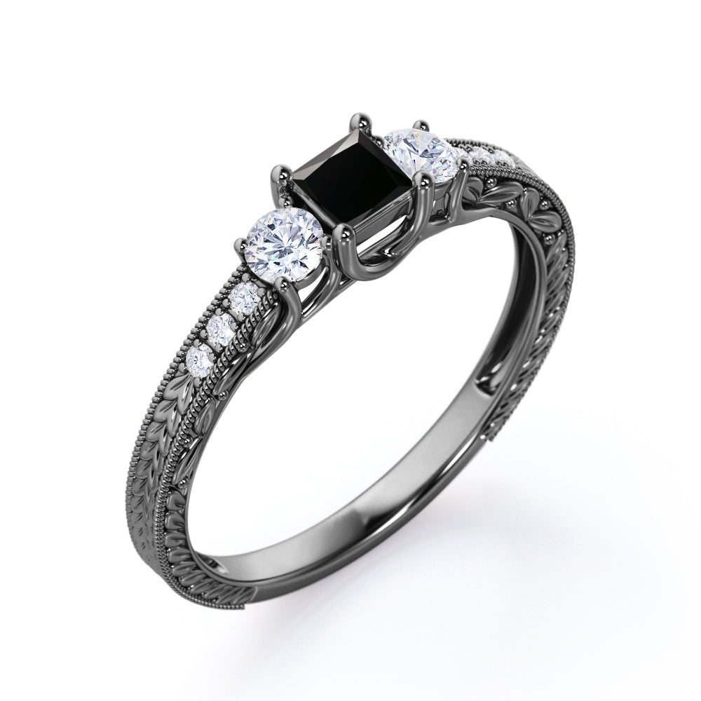 1 carat princess cut Black Diamond vintage milgrain engagement ring in white gold