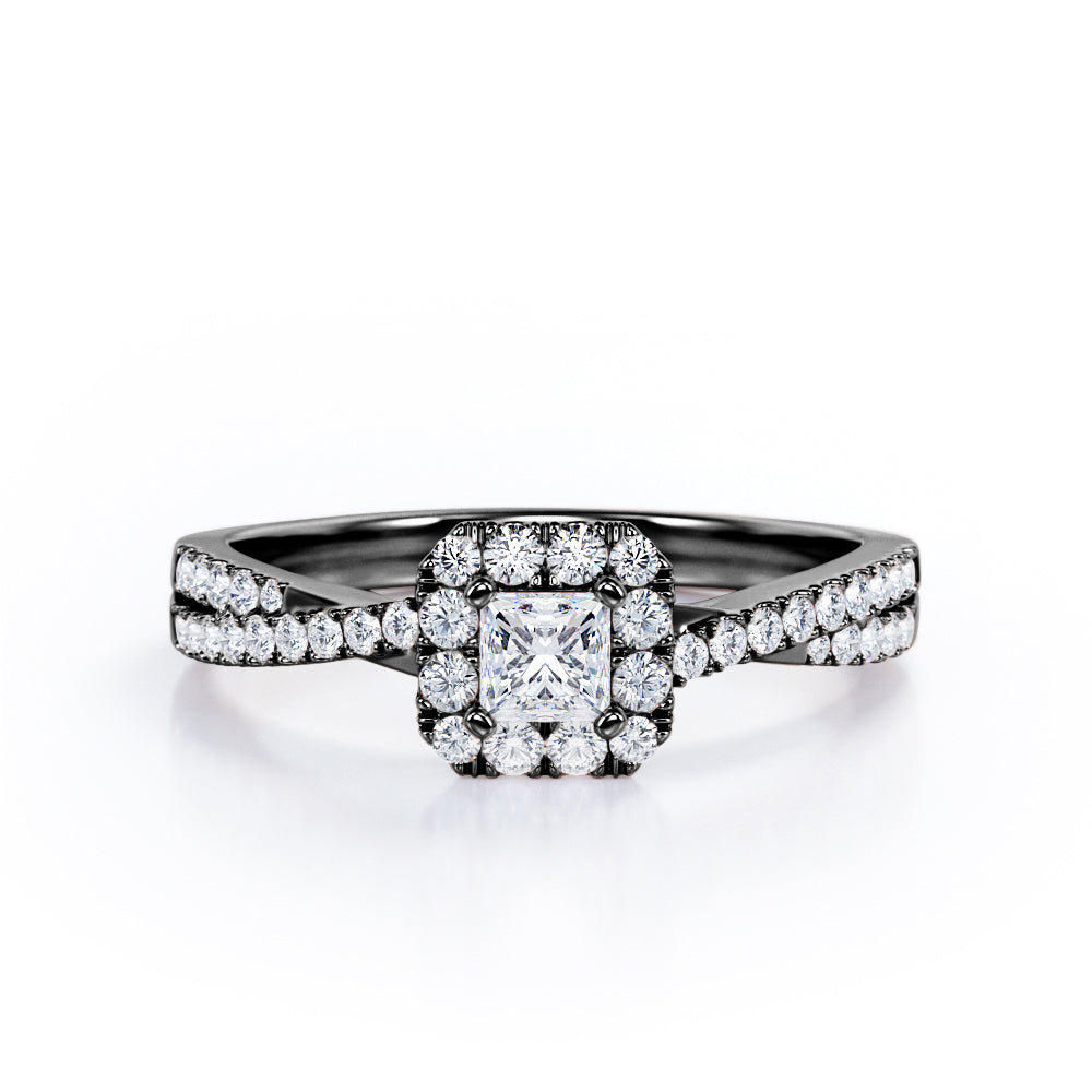 Octagon Halo 0.50 TCW Princess Cut Diamond Crossover Pave Engagement Ring in White Gold