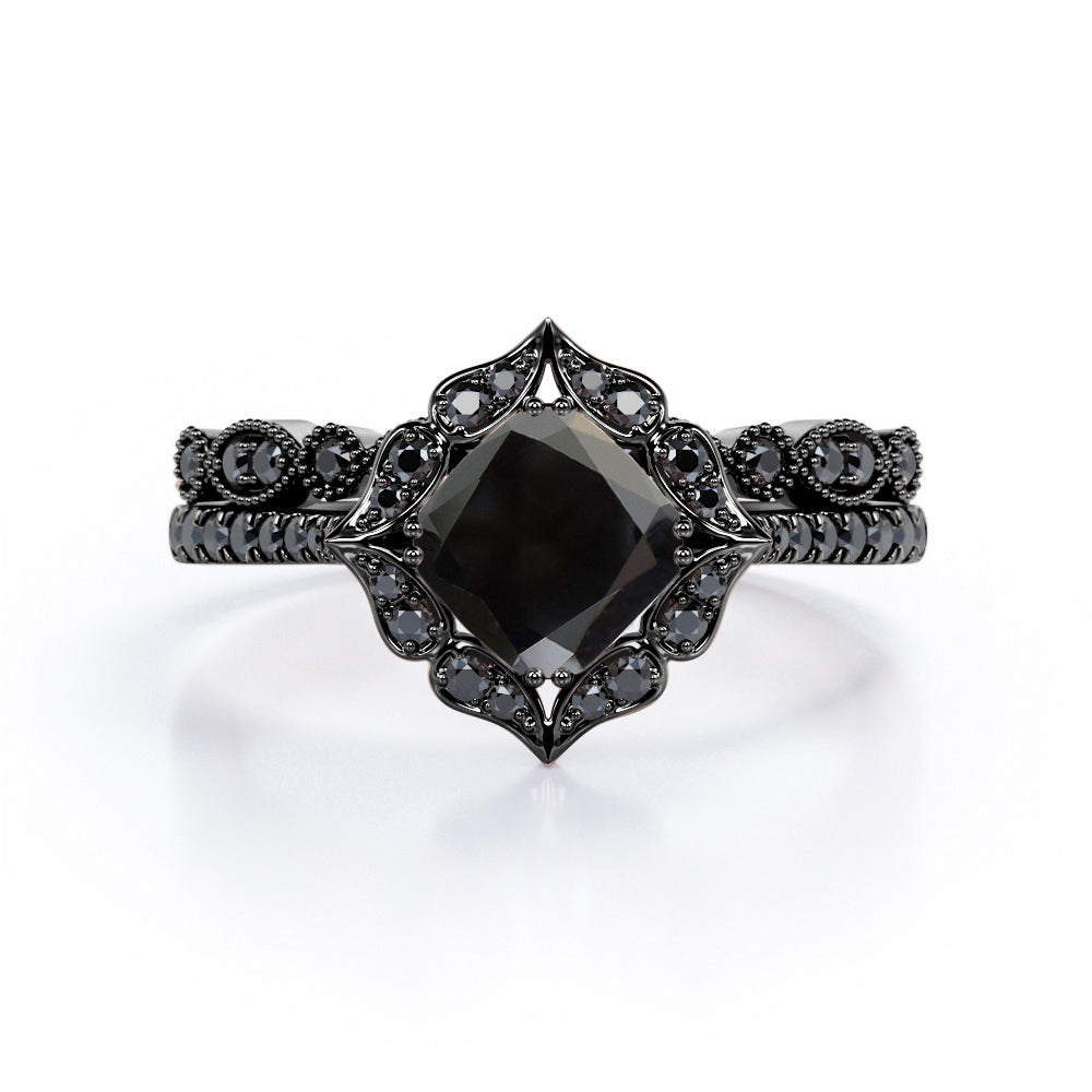 Vintage Filigree Halo - 1.65 TCW Cushion Cut Lab Created Black Diamond - Pave Accented Bridal Ring Set in White Gold