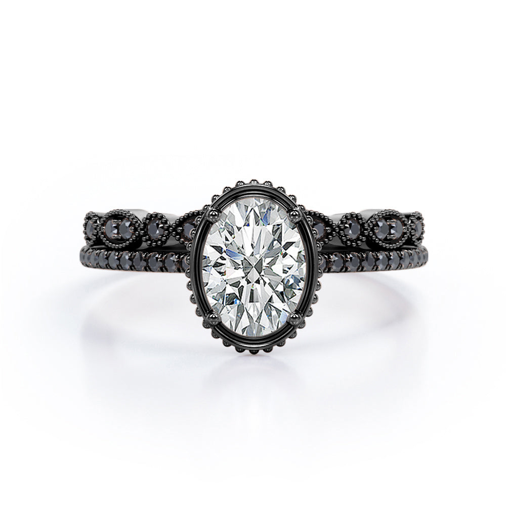 Prong Milgrain Bezel - 1.65 TCW Oval Shaped Moissanite with Lab Created Black Diamond - Pave Filigree Bridal Set in Black Gold