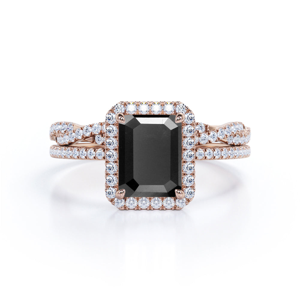 1.50 carat emerald cut Black Diamond halo wedding ring set in white gold