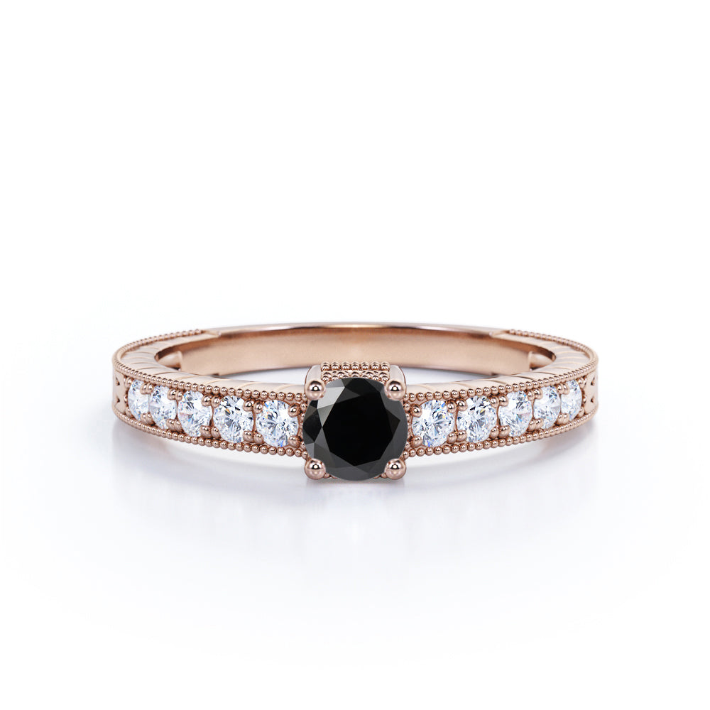 1.10 Carat Round Cut Lab Grown Black Diamond Vintage Milgrain Engagement Ring In White Gold