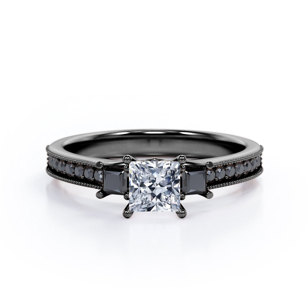 Trilogy Cathedral Prong - 0.5 TCW Princess Cut Diamond with Lab Created Black Diamond - Milgrain Pave Channel Engagement Ring - 10K White Gold