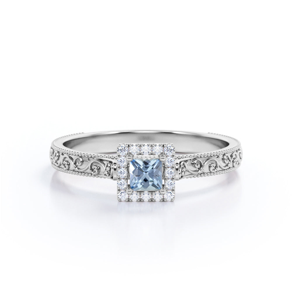 Vintage Filigree 1.10 Carat Princess Cut Aquamarine And Diamond Halo Engagement Ring In White Gold