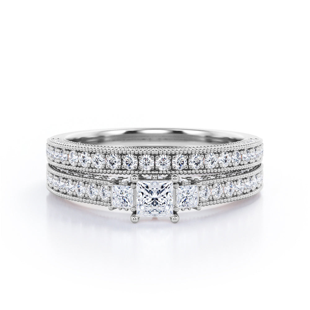 3-Stone Pave 0.6 TCW Princess Cut Diamond Milgrain-Bordered Wedding Ring Set in White Gold