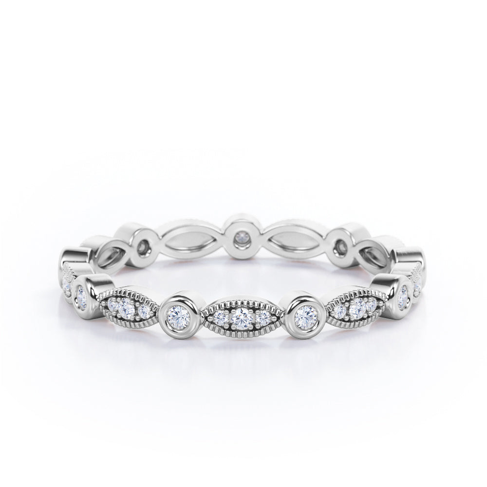 Milgrain Filigree Bezel - 0.25 TCW Round Shape Moissanite - Eternity Wedding Band - White Gold