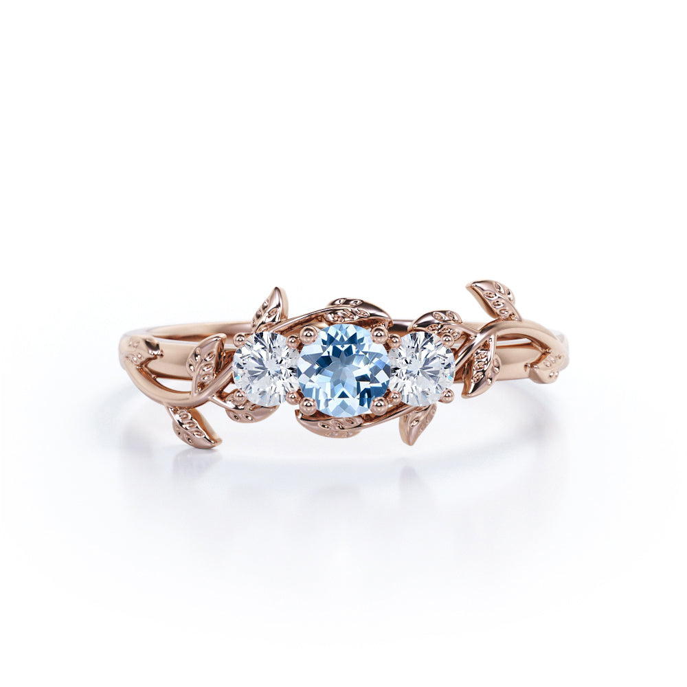 1 Carat Round Cut Aquamarine And Diamond Nature Inspired Engagement Ring In White Gold