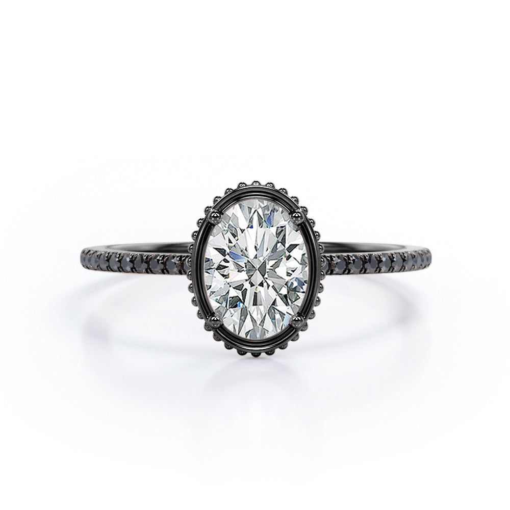 Milgrain Bezel Prong 1.5 TCW Oval Cut Moissanite with Lab Created Black Diamond Pave Style Engagement Ring in Rose Gold