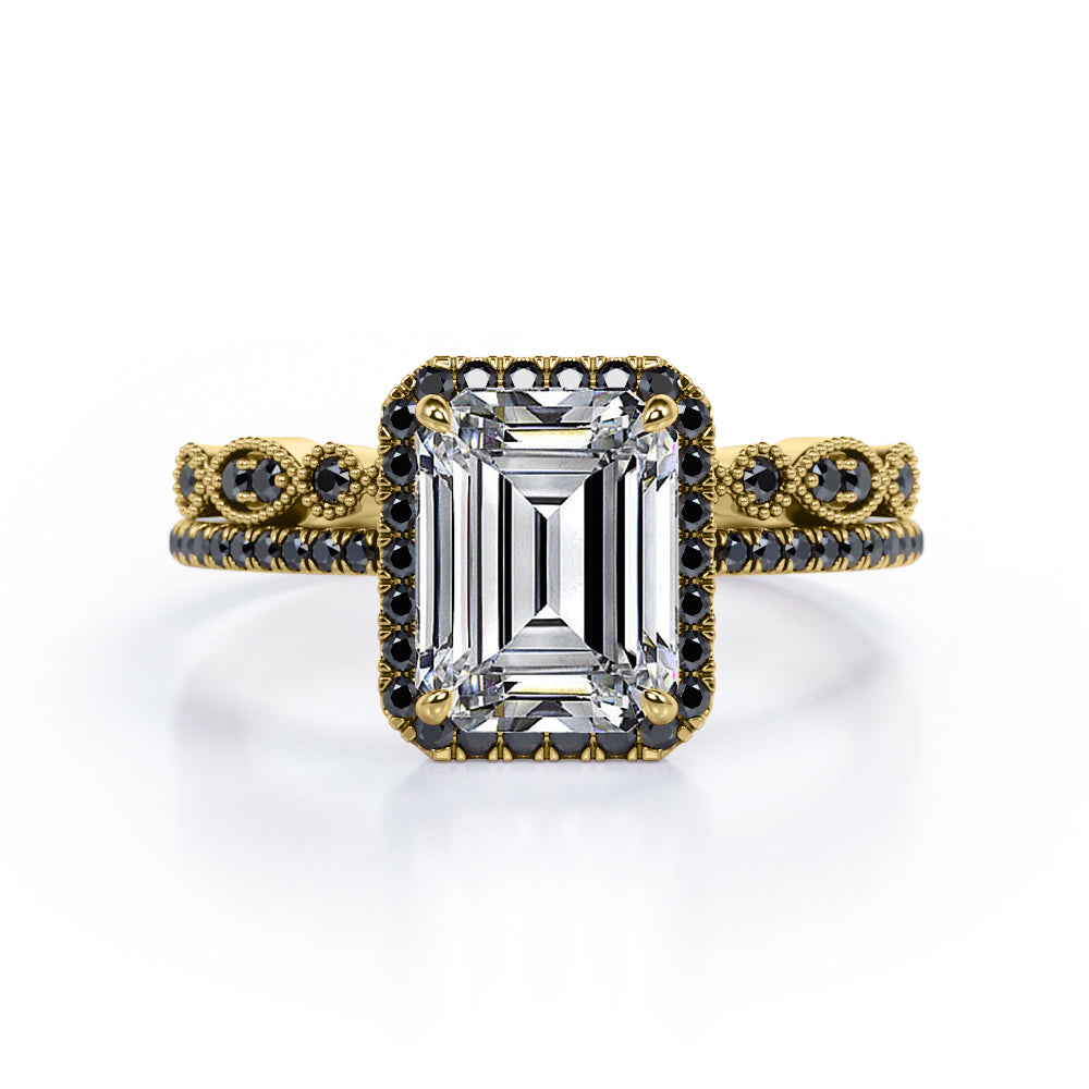 Art Deco Filigree Milgrain 1.65 TCW Emerald Cut Moissanite with Lab Created Black Diamond Halo-Style Wedding Set in Rose Gold