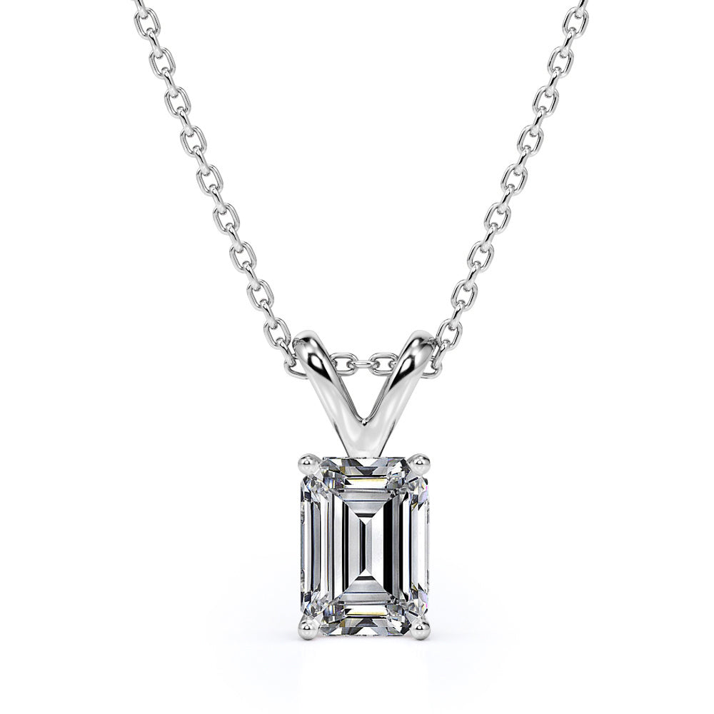 2 Carat Emerald Cut Cubic Zirconia Solitaire Pendant Necklace in 18K White Gold over Brass