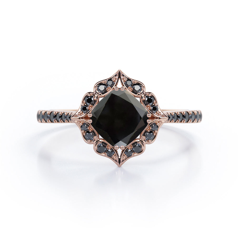 Vintage Filigree Cluster 1.5 TCW Cushion Cut Lab Created Black Diamond Engagement Ring with Pave Accents in White Gold