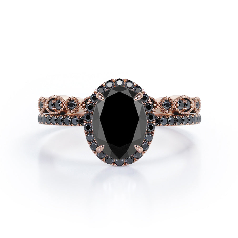 1.65 TCW Oval Cut Lab Created Black Diamond - Milgrain Filigree - Scalloped Pave Bridal Ring Set in White Gold