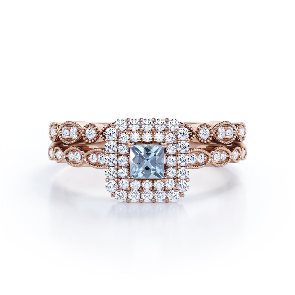 1.45 Carat Princess Cut Aquamarine And Diamond Cluster Wedding Ring Set In White Gold