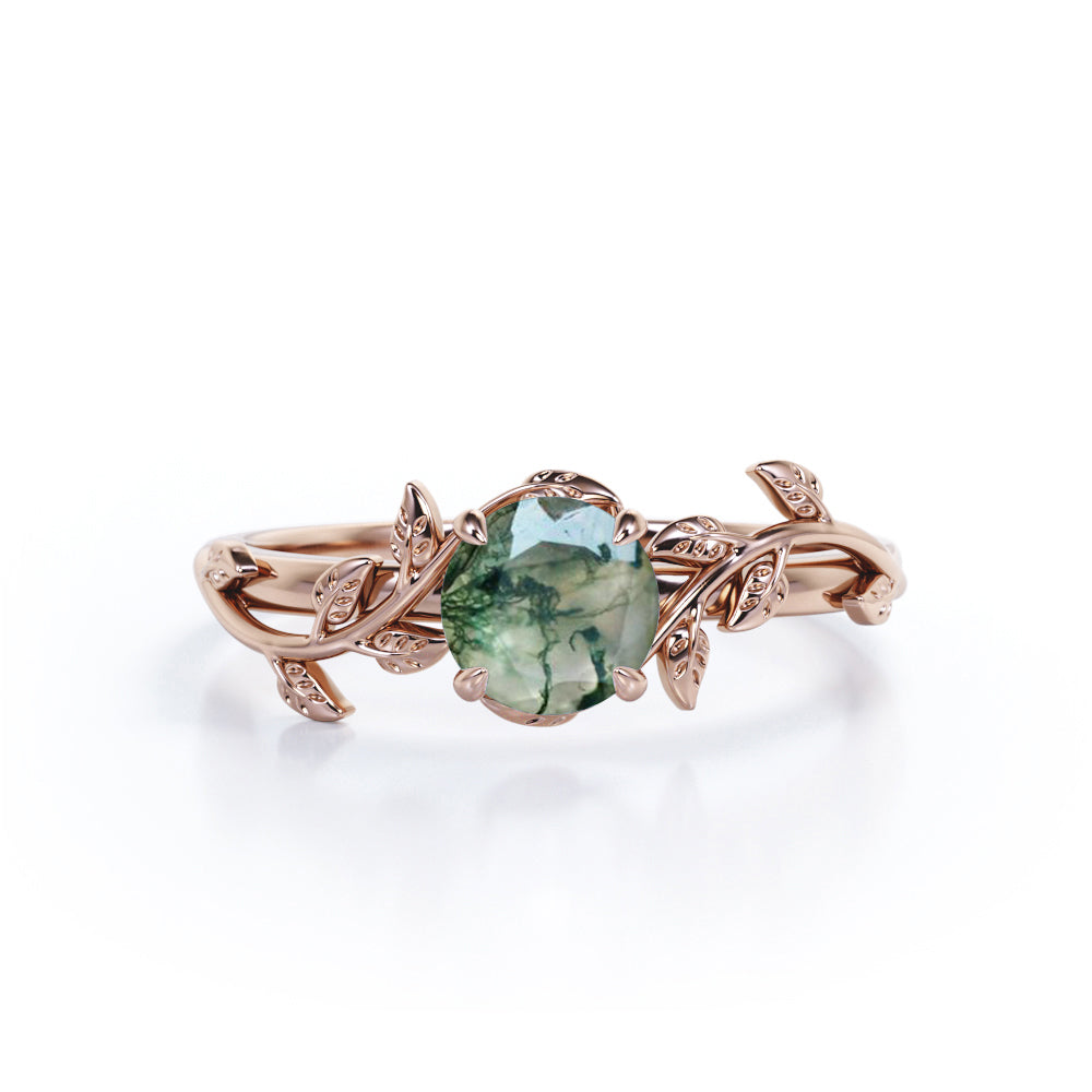 0.50 Carat 4 Prong Round Cut Opaque White Druzy Mossy Green Agate Branch Leaf Design One-Stone Engagement Ring In 18K Rose Gold Plating Over Silver