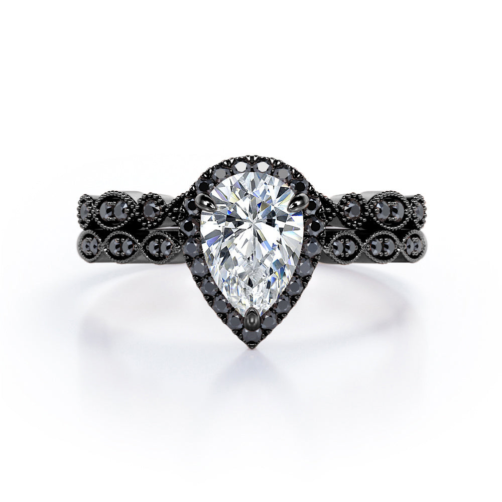 Vintage Style - 1.65 TCW Teardrop Moissanite with Lab Created Black Diamond - Milgrain Halo Bridal Set in Rose Gold