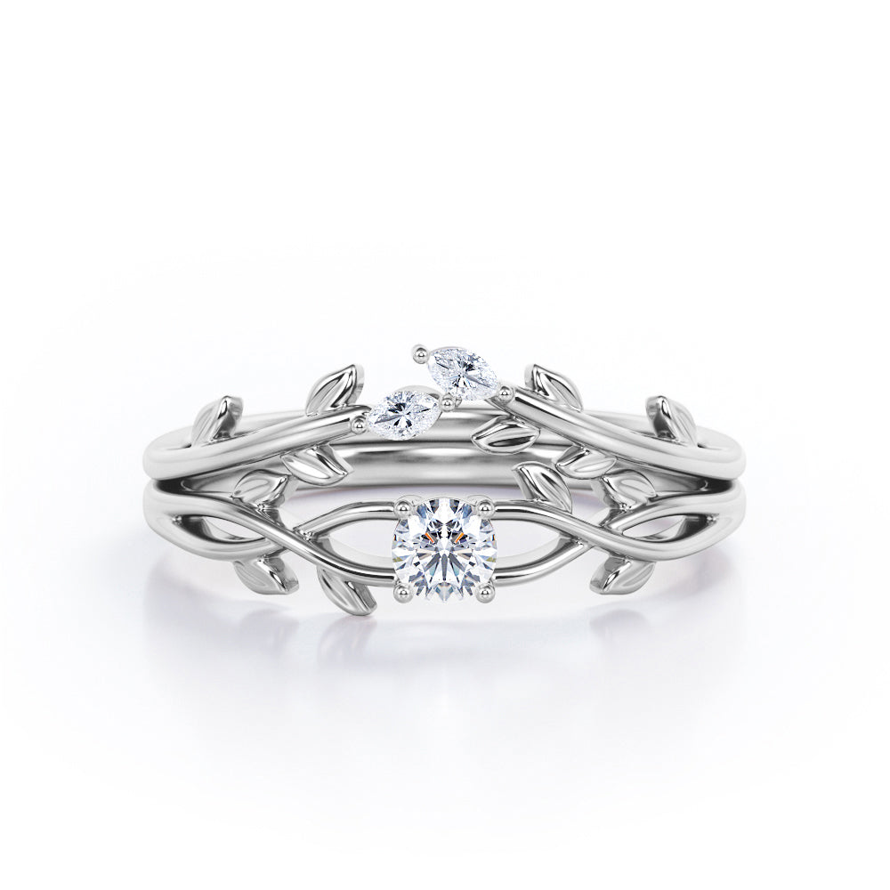 Nature-Inspired 0.35 TCW Round Brilliant Cut Diamond Branch Leaves Bridal Ring Set in White Gold