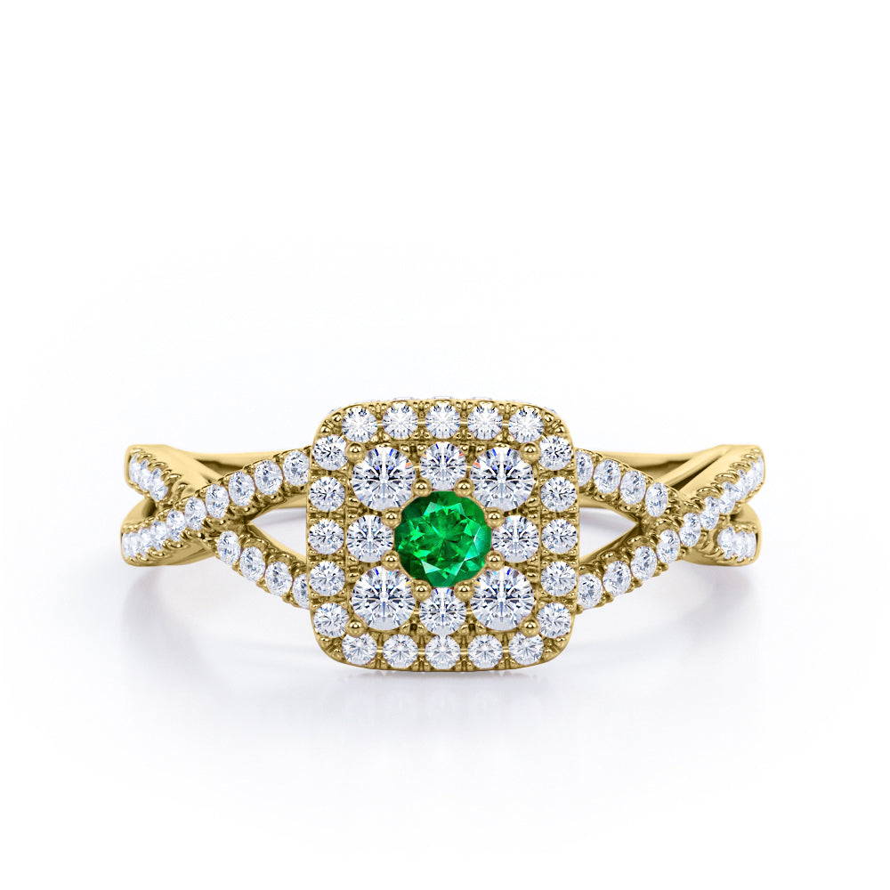 Pave Crossover - 1.25 Carat Round Cut Emerald and diamond - Flush Cluster Halo Engagement Ring in Yellow Gold