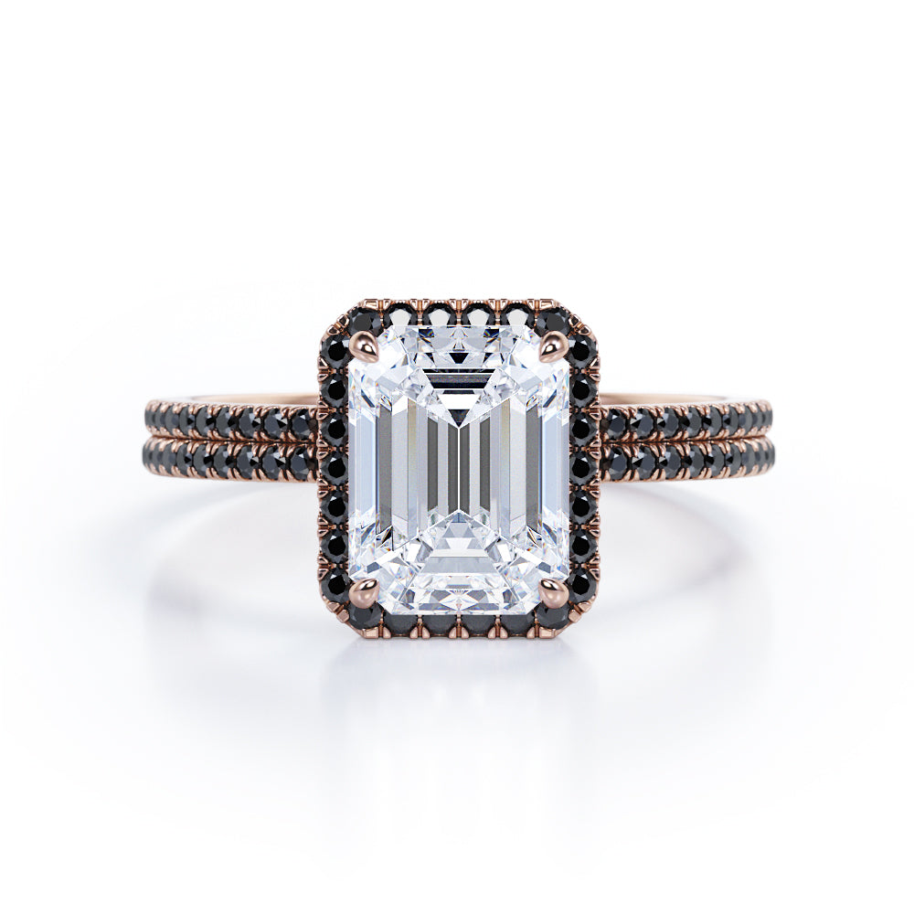 Pave Style - 1.75 TCW Emerald Cut Moissanite with Lab Created Black Diamond - Halo Setting Wedding Ring Set in Black Gold