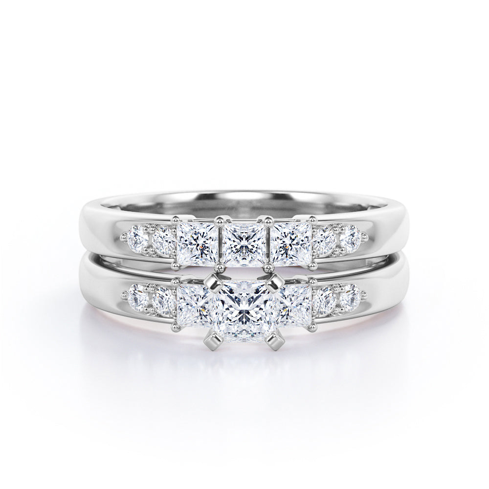 Trilogy Shared-Prong 0.6 TCW Princess Cut Diamond Pave Bridal Ring Set in White Gold