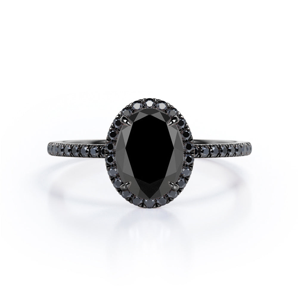 North-South Halo - 1.5 TCW Oval Shape Lab Created Black Diamond - Pave Design Engagement Ring in White Gold