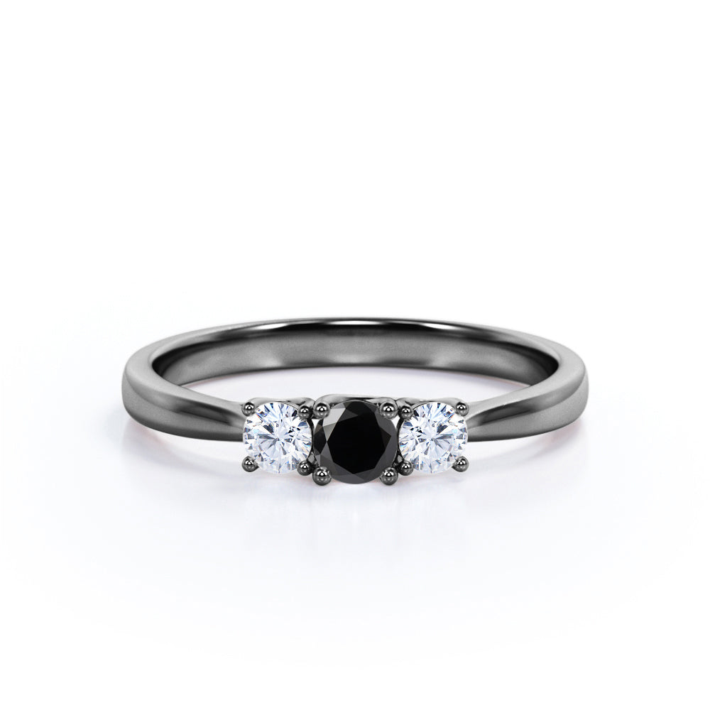 1.15 Carat Round Cut Lab Grown Black Diamond Three Stone Engagement Ring In White Gold