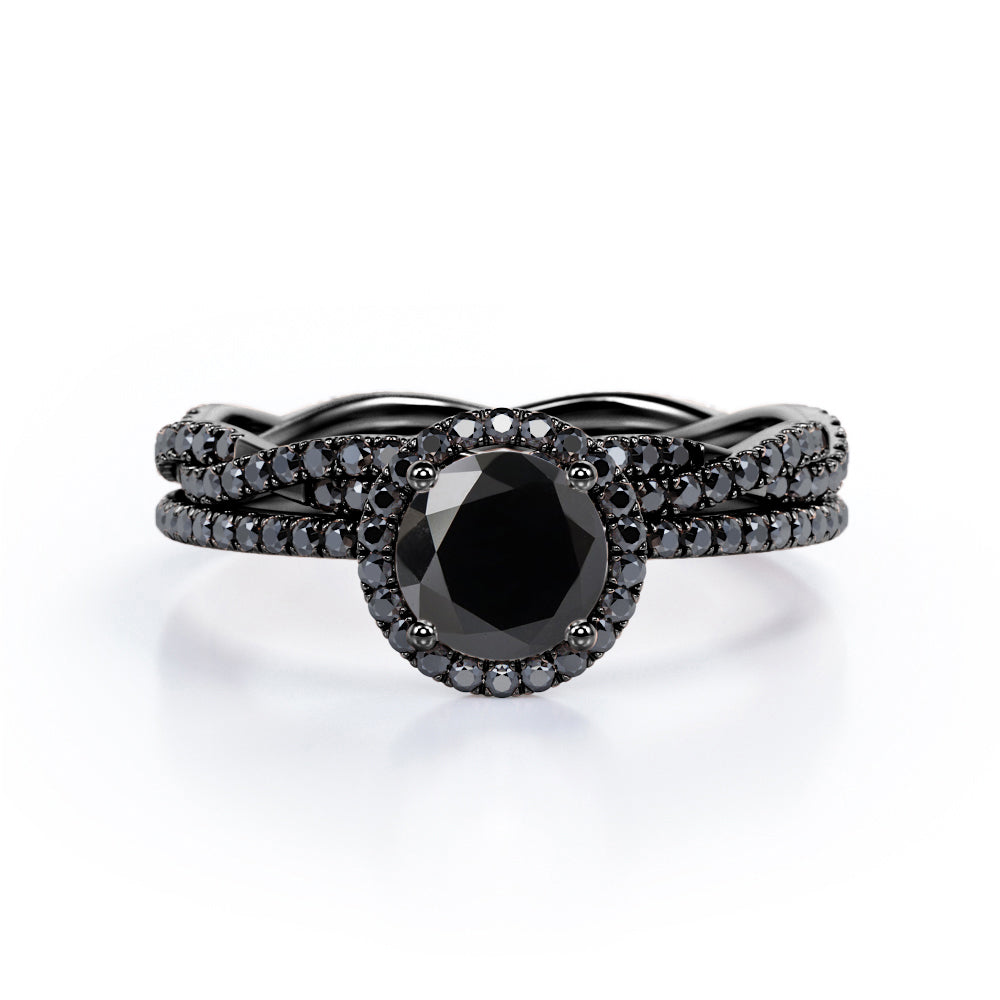 Pave Twisted Eternity 1.75 TCW Round Brilliant Cut Lab Created Black Diamond Halo-Style Wedding Ring Set in White Gold