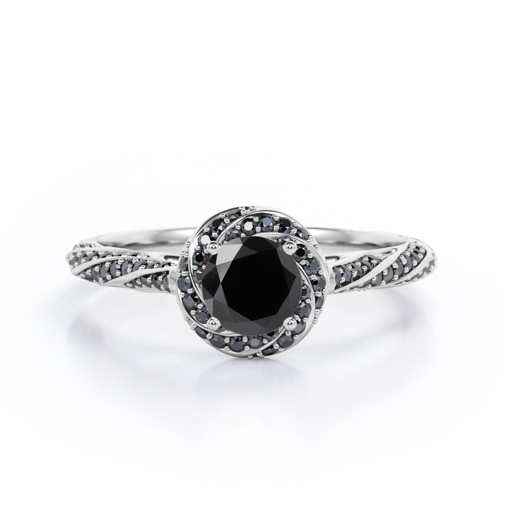 Twirl Halo - 1.35 TCW Round Shaped Lab Created Black Diamond - Twisted Pave Engagement Ring in White Gold