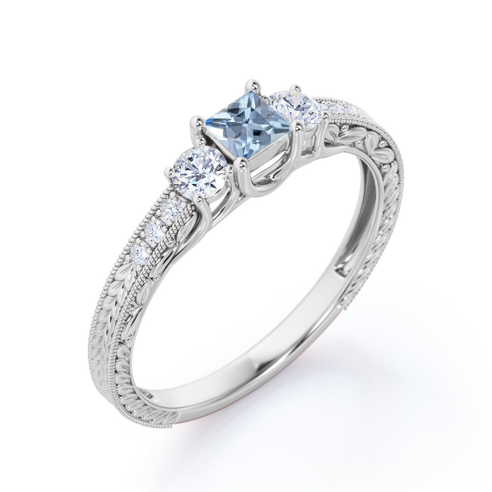 1.20 Carat Princess Cut Aquamarine And Diamond Art Deco Engagement Ring In White Gold