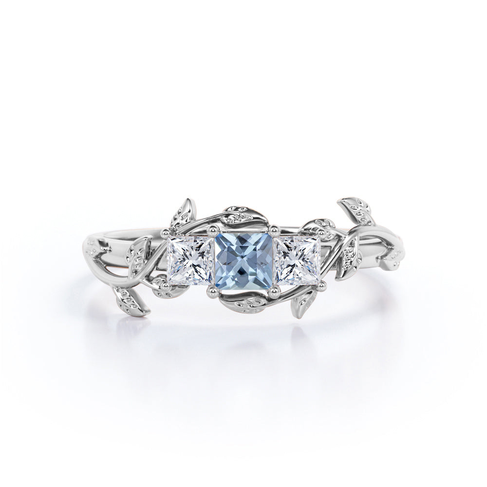 1 Carat Princess Cut  Aquamarine And Diamond Floral Engagement Ring In White Gold