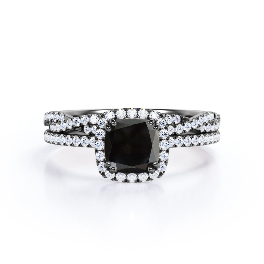 2 carat cushion cut Black Diamond halo bridal set in white gold