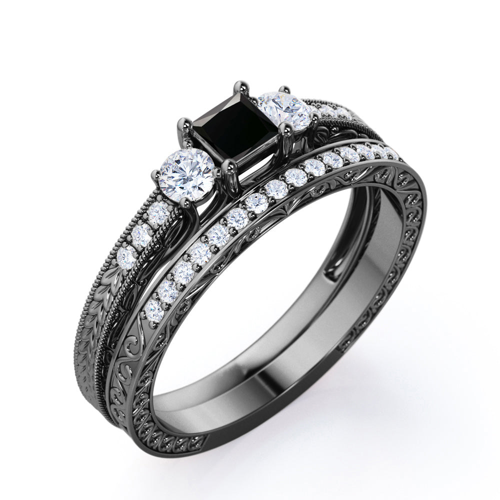 0.5 carat princess cut Black Diamond vintage milgrain bridal set ring in white gold