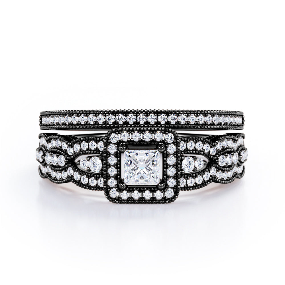 Triple Curved Pave Band - 0.65 TCW Princess Cut Diamond - Milgrain Halo-Channel Bridal Set - 10K White Gold