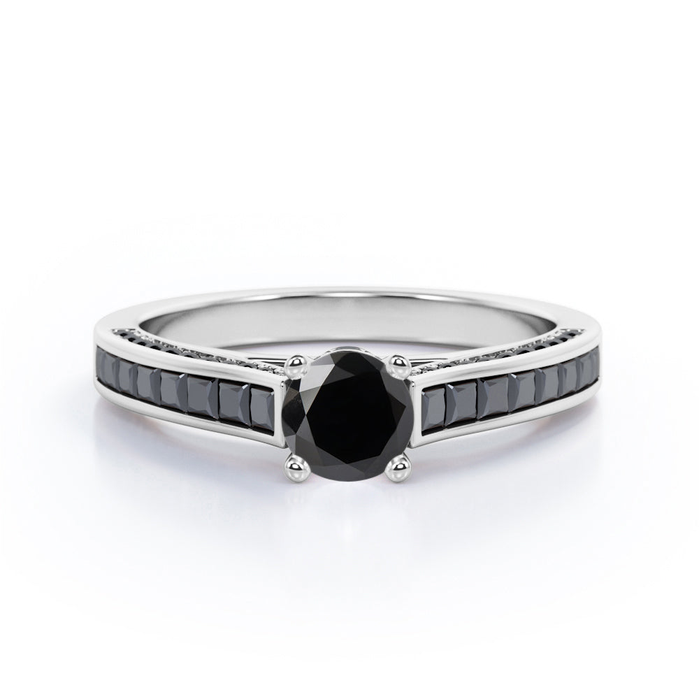 1.4 TCW Round Shape Lab Created Black Diamond - Pave and Channel - Cathedral Engagement Ring in White Gold