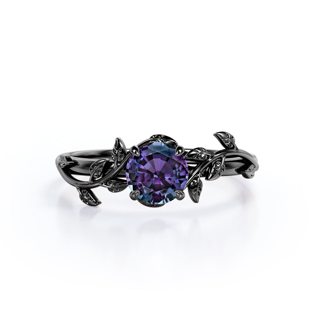 0.50 Carat - Round Cut Lab Created Alexandrite Ring - Leaf & Vine Engagement Ring - 18K Rose Gold Plating Over Silver