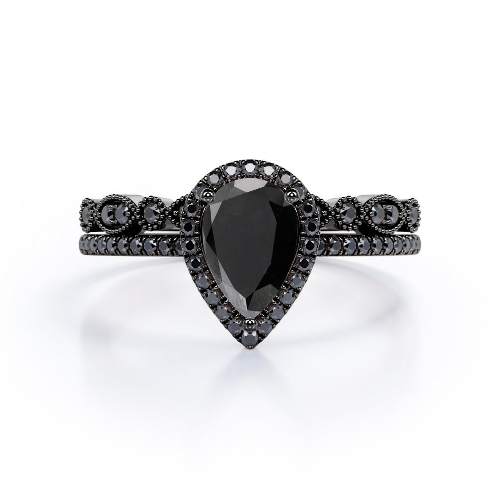 Art-Deco Milgrain Filigree 1.65 TCW Teardrop Lab Created Black Diamond Pave Wedding Ring Set in White Gold