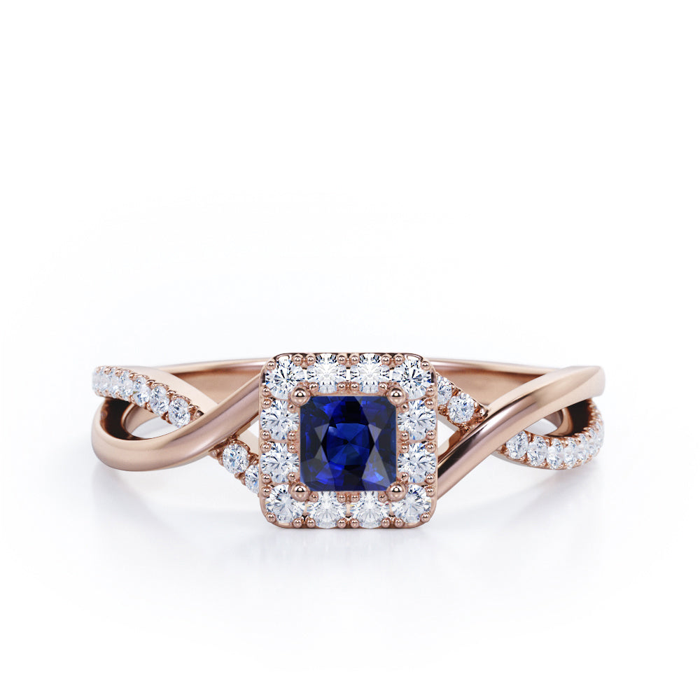 1.25 Carat Princess Cut Blue Lab-Created Sapphire and diamond - Half Crossover Pave - Halo Engagement Ring in White Gold