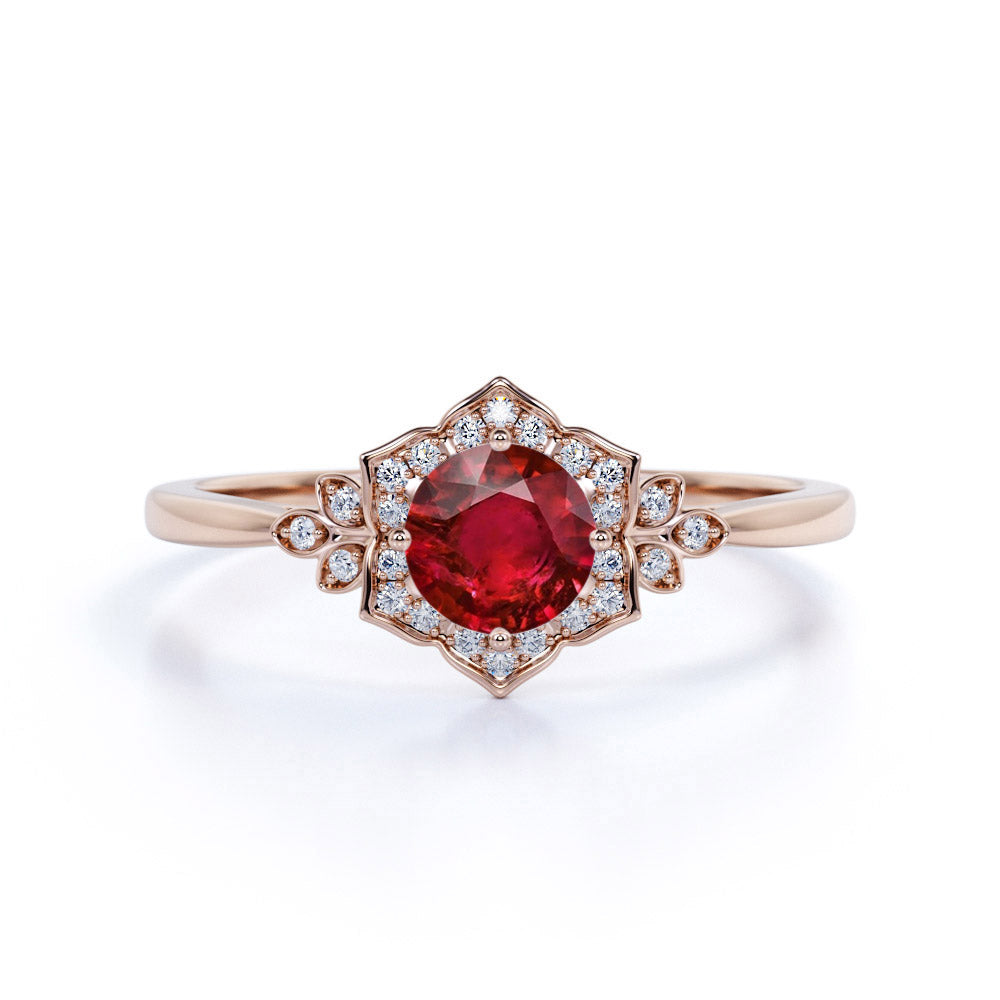 Antique Leaf Design 1.20 Carat Round Cut Lab-Created Ruby and Diamond Engagement Ring in Rose Gold