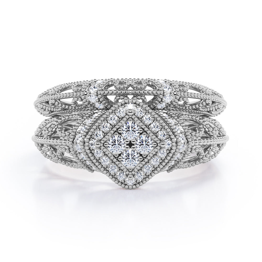 Quadruple-Stone Rhombus Square Halo 0.45 TCW Round-Shaped Diamond Victorian Milgrain Filigree Wedding Set in 10K White Gold