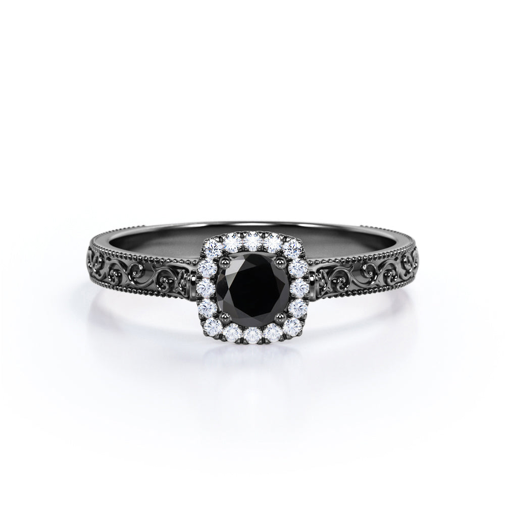 1.15 Carat Round Cut Lab Grown Black Diamond Art Deco Engagement Ring In White Gold