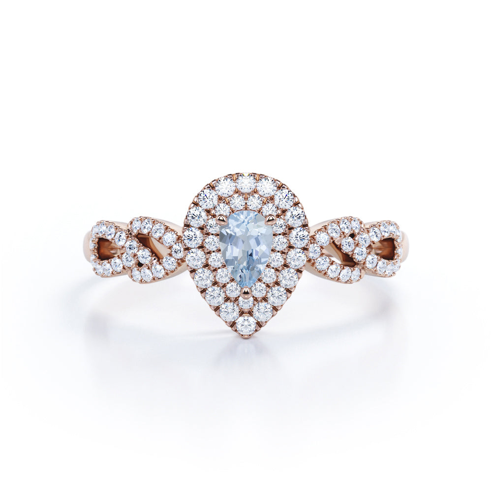 1.5 Carat Pear Cut Aquamarine And Diamond Double Halo Engagement Ring In White Gold