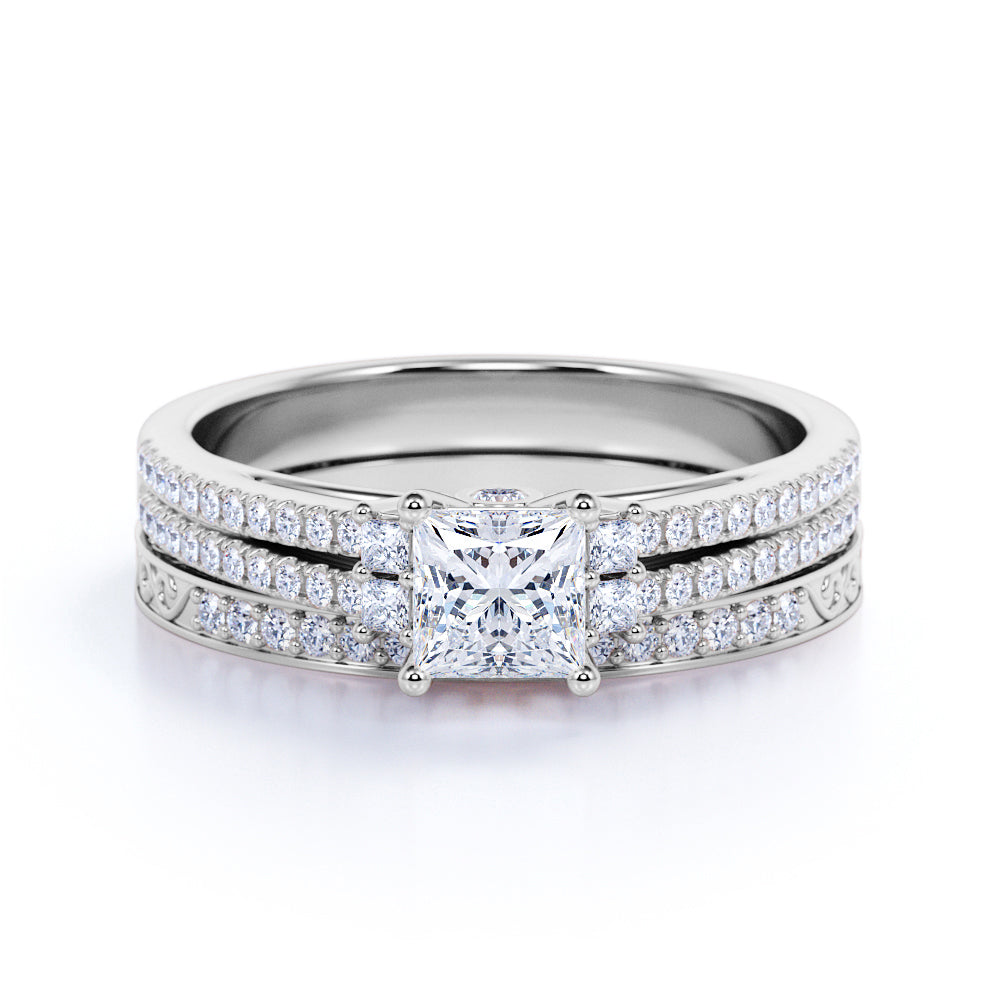 Stunning 1.25 ct - Princess Cut Moissanite - Pave - Vintage - Double Band Engagement Ring - Bridal Set - 18K White Gold over Silver